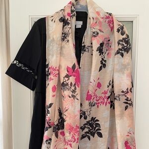 Talbots Cotton Silk Floral Scarf Pink Rose Print 26x66 Lightweight Wrap